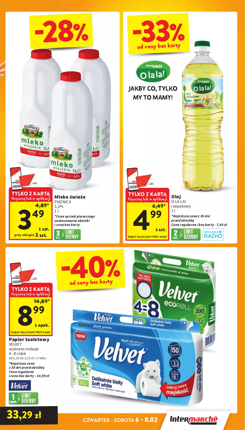 Gazetka promocyjna Intermarche - Gazetka Intermarche - ważna 06.02 do 12.02.2025 - strona 3 - produkty: Mleko, Olej, Papier, Papier toaletowy, Piątnica, Velvet