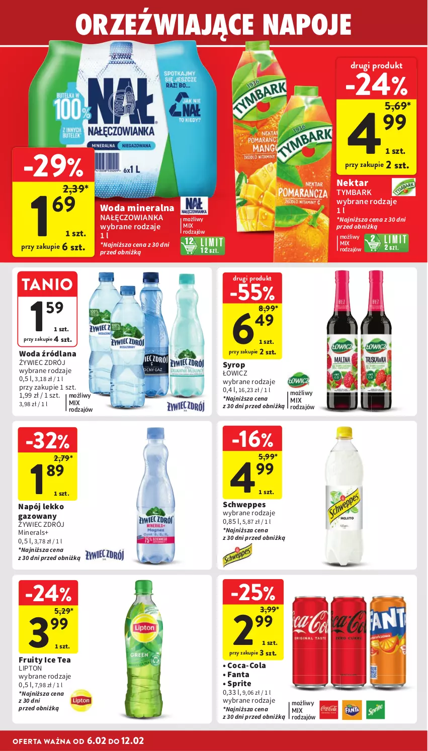 Gazetka promocyjna Intermarche - Gazetka Intermarche - ważna 06.02 do 12.02.2025 - strona 34 - produkty: Coca-Cola, Fa, Fanta, Ice tea, LANA, Lipton, Nałęczowianka, Napój, Nektar, Schweppes, Sprite, Syrop, Tymbark, Woda, Woda mineralna