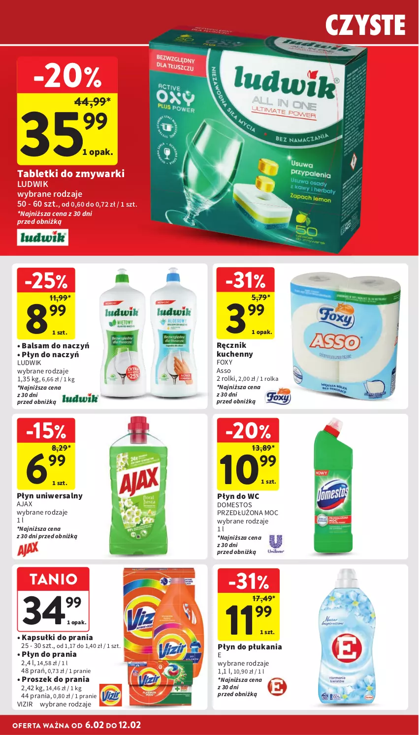 Gazetka promocyjna Intermarche - Gazetka Intermarche - ważna 06.02 do 12.02.2025 - strona 38 - produkty: Ajax, Domestos, Foxy, Kapsułki do prania, Ludwik, Płyn do płukania, Płyn do prania, Płyn do wc, Proszek do prania, Ręcznik, Ręcznik kuchenny, Rolki, Tablet, Tabletki do zmywarki, Vizir, Zmywarki