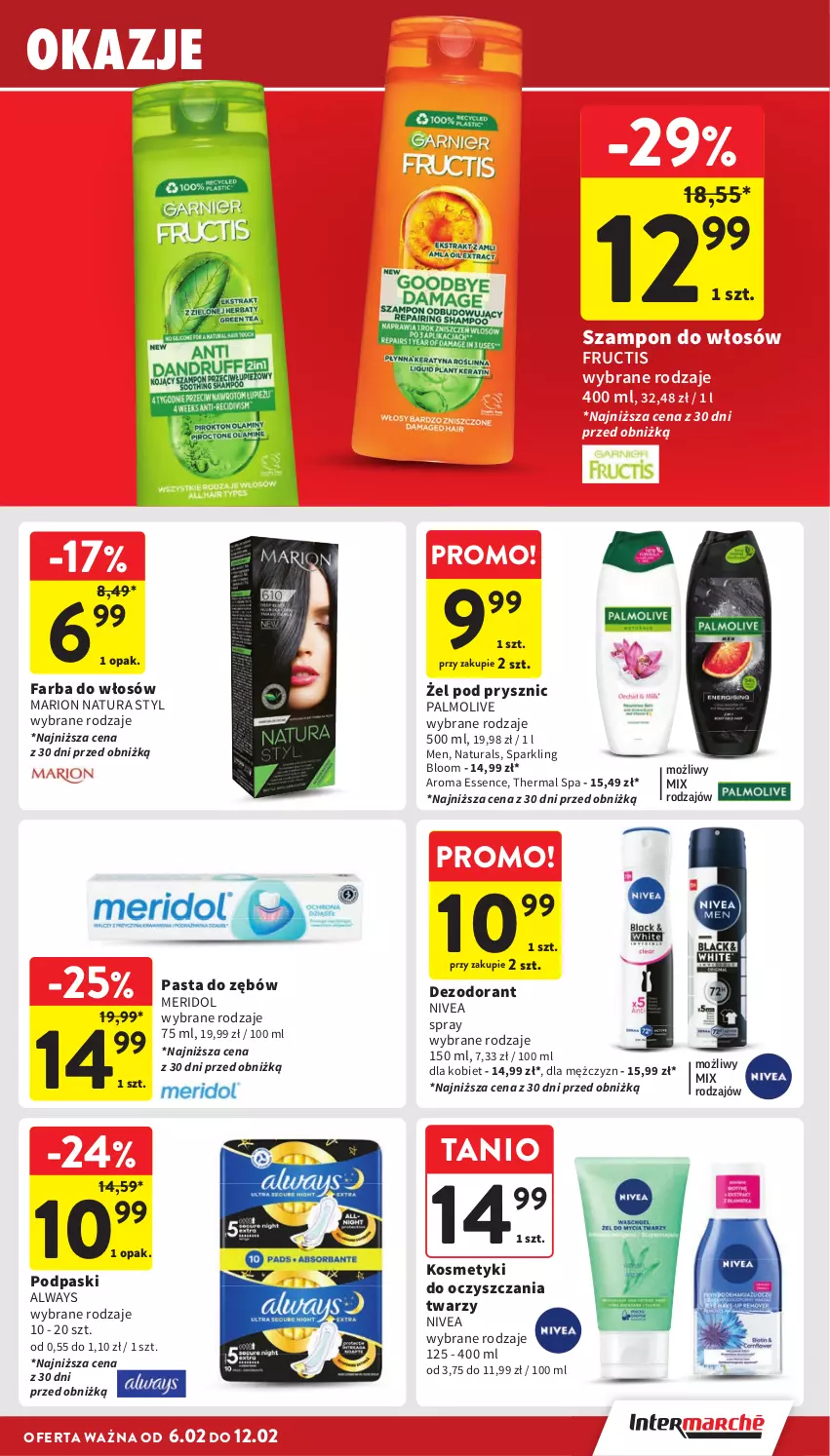 Gazetka promocyjna Intermarche - Gazetka Intermarche - ważna 06.02 do 12.02.2025 - strona 39 - produkty: Always, Dezodorant, Fa, Farba do włosów, Fructis, Nivea, Palmolive, Pasta do zębów, Podpaski, Szampon