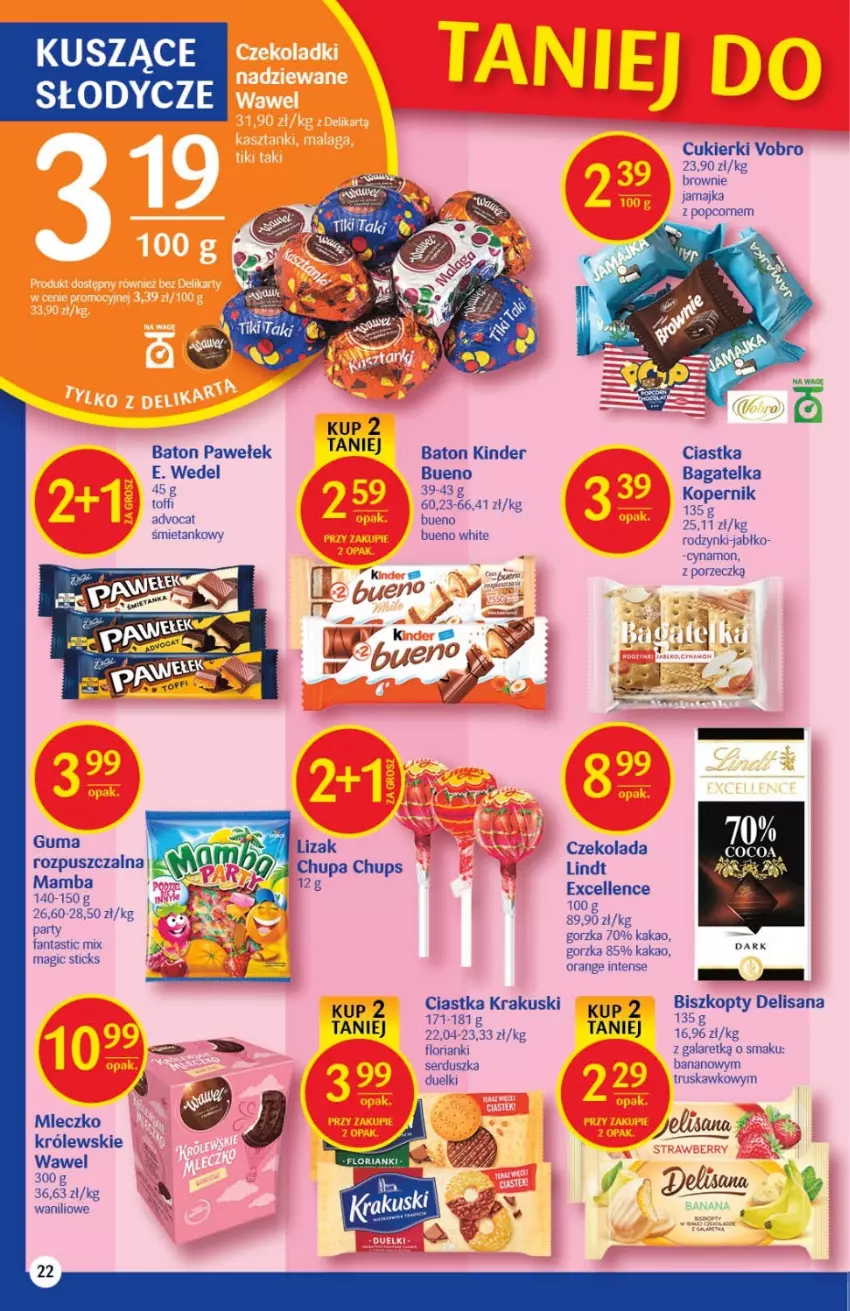 Gazetka promocyjna Delikatesy Centrum - Gazetka DC36 - ważna 15.09 do 21.09.2022 - strona 22 - produkty: Baton, Biszkopty, Brownie, Chupa Chups, Ciastka, Cukier, Cukierki, Czekolada, E. Wedel, Fa, Fanta, Gala, Isana, Kakao, Kinder, Krakus, Krakuski, Królewski, Lindt, Mamba, Mleczko, O Bag, Popcorn, Por, Rodzynki, Ser, Wawel