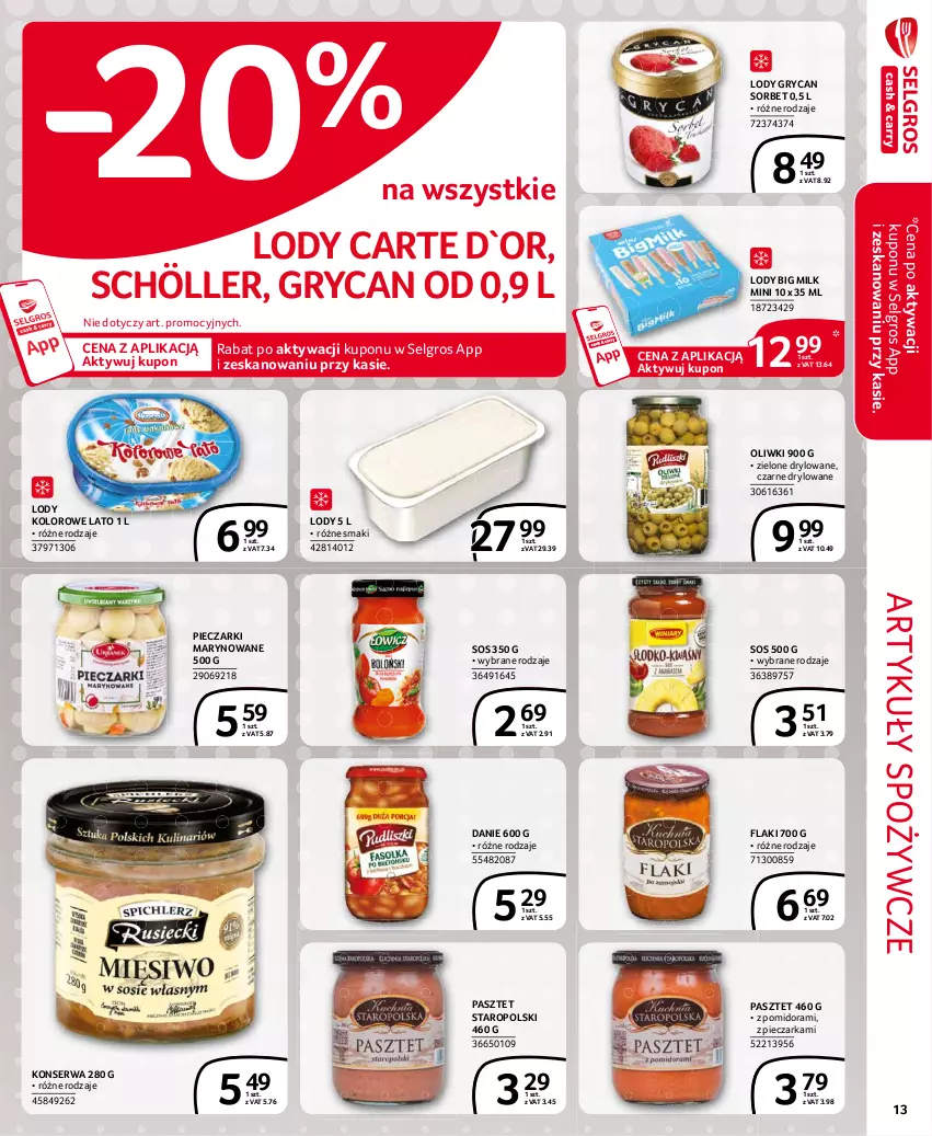 Gazetka promocyjna Selgros - Extra Oferta - ważna 01.05 do 31.05.2021 - strona 13 - produkty: Artykuły spożywcze, Big Milk, Flaki, Gry, LG, Lody, Oliwki, Pasztet, Piec, Pieczarka, Ser, Sos