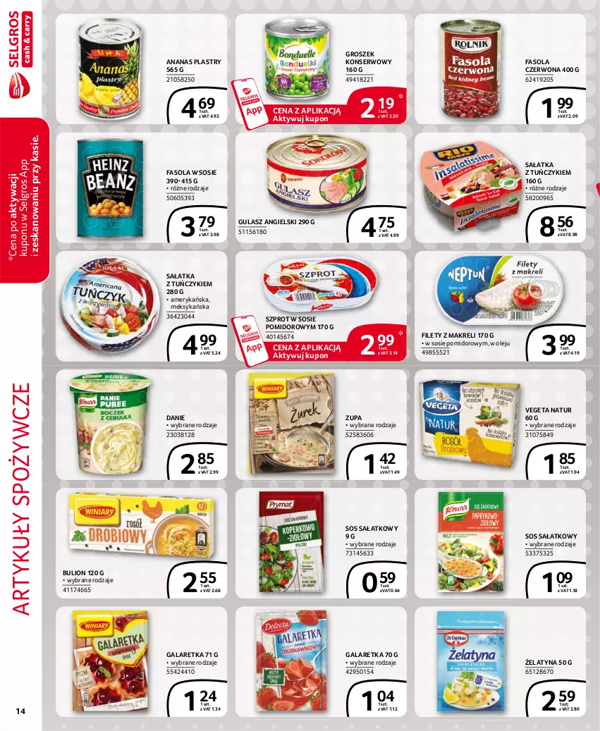 Gazetka promocyjna Selgros - Extra Oferta - ważna 01.05 do 31.05.2021 - strona 14 - produkty: Ananas, Artykuły spożywcze, Bulion, Fa, Fasola, Gala, Galaretka, Groszek, LG, Lion, Olej, Sałat, Sałatka, Ser, Sos, Szprot, Szprot w sosie, Tuńczyk, Vegeta, Vegeta Natur, Zupa