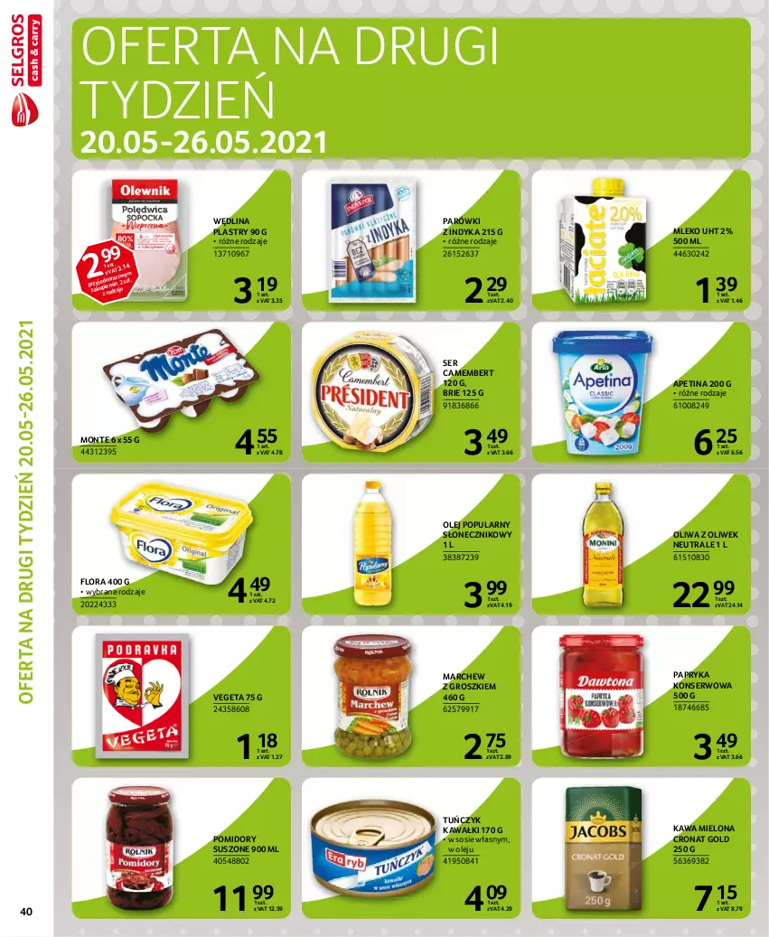 Gazetka promocyjna Selgros - Extra Oferta - ważna 01.05 do 31.05.2021 - strona 42 - produkty: Brie, Camembert, Flora, Kawa, Kawa mielona, Mleko, Monte, Olej, Oliwa z oliwek, Papryka, Parówki, Parówki z indyka, Pomidory, Ser, Sos, Tuńczyk, Vegeta, Wędlina