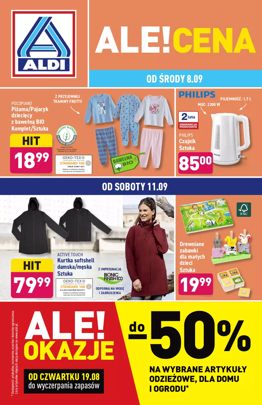 Gazetka promocyjna Aldi - OKAZJE DLA CIEBIE I DOMU - ważna 08.09 do 11.09.2021 - strona 1 - produkty: Czajnik, Dzieci, Gra, Kurtka, Kurtka softshell, Pajac, Philips, Piżama, Pocopiano, Por