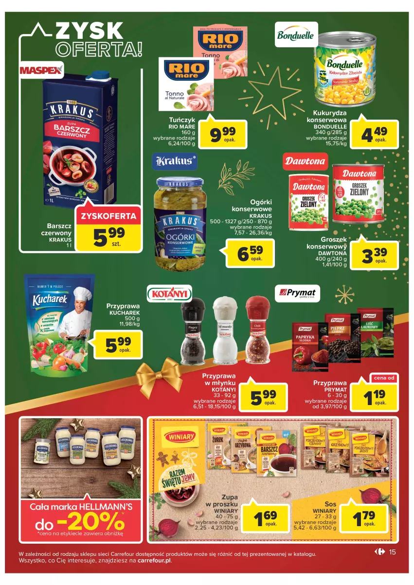 Gazetka promocyjna Carrefour - Gazetka Carrefour - ważna 19.12 do 24.12.2022 - strona 15 - produkty: Bonduelle, Dawtona, Groszek, Krakus, Kukurydza, Kukurydza konserwowa, Półka, Prymat, Rio Mare, Ser