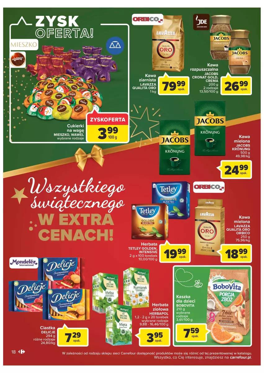 Gazetka promocyjna Carrefour - Gazetka Carrefour - ważna 19.12 do 24.12.2022 - strona 18 - produkty: BIC, BoboVita, Cukier, Cukierki, Delicje, Dzieci, Fa, Herbapol, Herbata, Jacobs, Kawa, Kawa mielona, Kawa rozpuszczalna, Lavazza, Tetley, Wawel