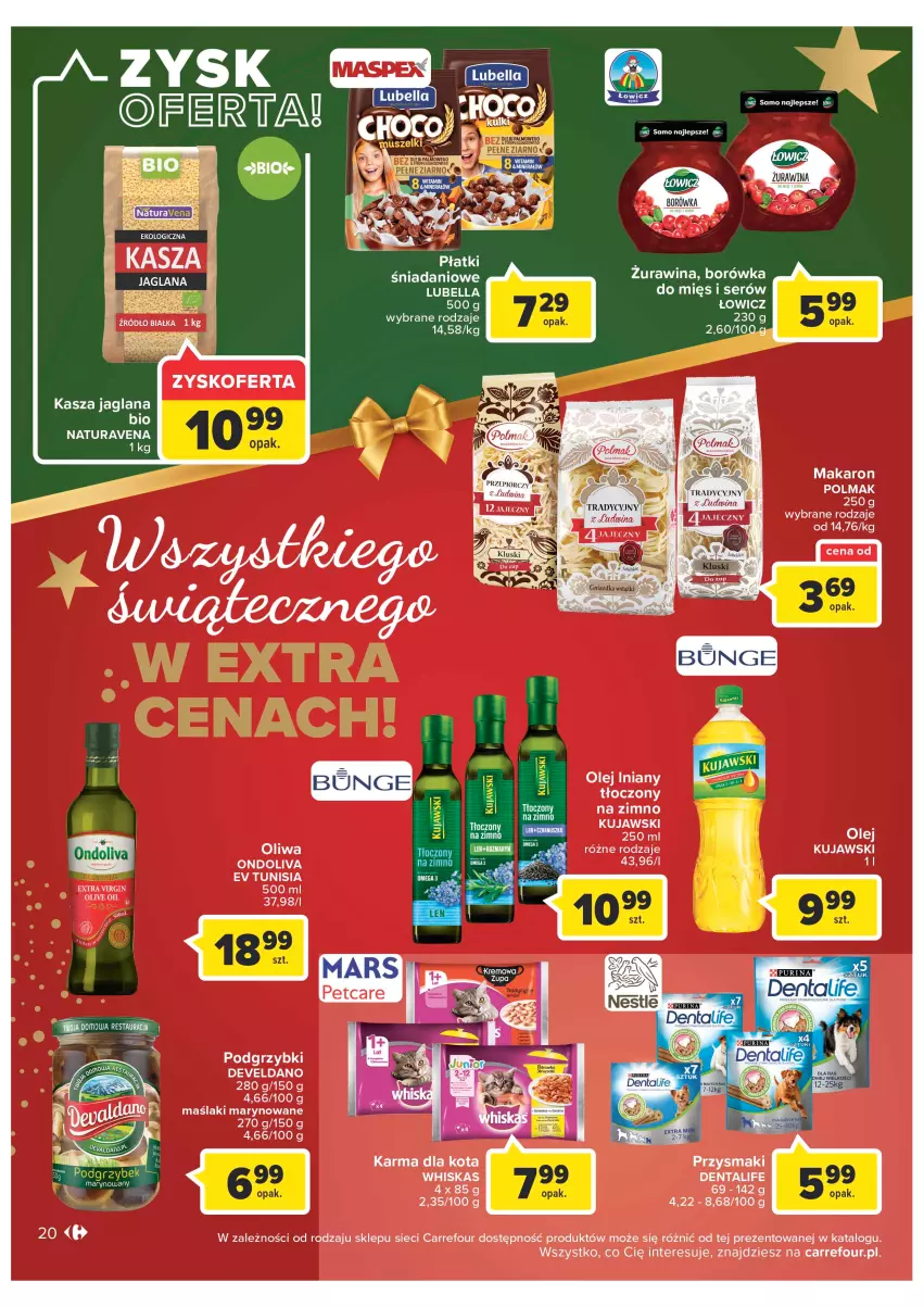 Gazetka promocyjna Carrefour - Gazetka Carrefour - ważna 19.12 do 24.12.2022 - strona 20 - produkty: Bell, Bella, Borówka, Gin, Kasza, Kasza jaglana, Kujawski, LANA, LG, Lubella, Makaron, Olej, Olej iniany, Olma, Podgrzybki, Przysmaki, Ser