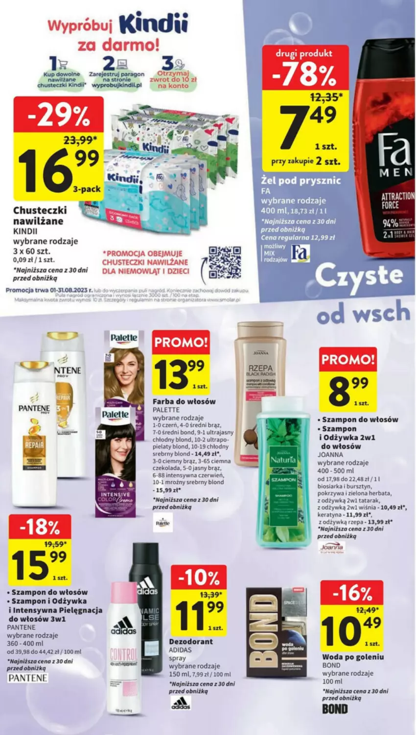 Gazetka promocyjna Intermarche - ważna 10.08 do 16.08.2023 - strona 26 - produkty: Adidas, Bursztyn, Chusteczki, Czekolada, Dezodorant, Dzieci, Fa, Farba do włosów, Herbata, Joanna, Kindii, Odżywka, Palette, Pantene, Szampon, Woda, Woda po goleniu