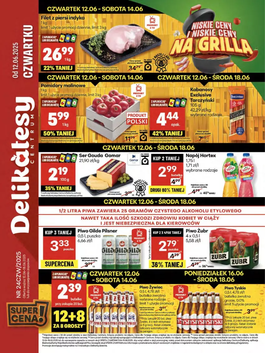 Gazetka promocyjna Delikatesy Centrum - Franczyza DC24 Czwartek - ważna 12.06 do 18.06.2025 - strona 1 - produkty: Dron, Gouda, Hortex, Kabanos, Koc, Napój, Piwa, Piwo, Pomidory, Rama, Rum, Ser, Tarczyński, Tran, Tyskie