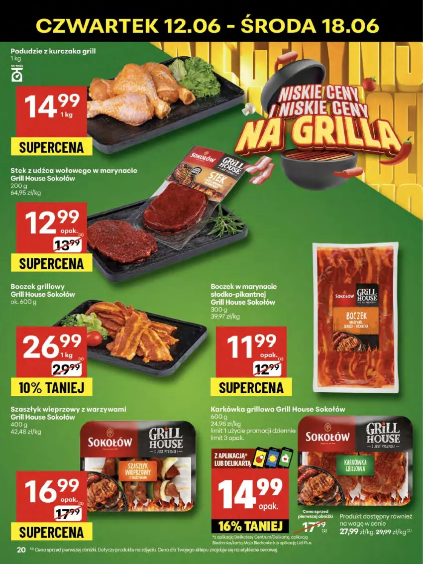 Gazetka promocyjna Delikatesy Centrum - Franczyza DC24 Czwartek - ważna 12.06 do 18.06.2025 - strona 20 - produkty: Boczek, Dron, EPEE, Grill, Kurczak, Podudzie z kurczaka, Sok, Sokołów, Stek, Stek z udźca wołowego, Warzywa