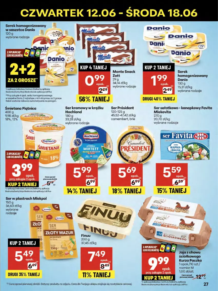 Gazetka promocyjna Delikatesy Centrum - Franczyza DC24 Czwartek - ważna 12.06 do 18.06.2025 - strona 27 - produkty: Brie, Camembert, Danio, Dron, Fa, Favita, Finuu, Hochland, Jaja, Mleko, Mlekovita, Monte, Piątnica, Rum, Sałat, Ser, Serek, Serek homogenizowany, Złoty Mazur, Zott