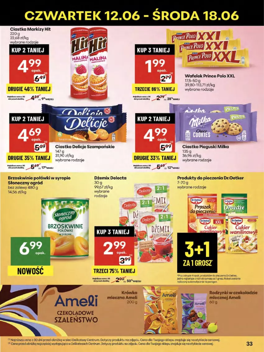 Gazetka promocyjna Delikatesy Centrum - Franczyza DC24 Czwartek - ważna 12.06 do 18.06.2025 - strona 33 - produkty: Brzoskwinie, Ciastka, Delecta, Delicje, Dżem, Milka, Ogród, Piec, Prince Polo, Proszek do pieczenia, Rodzynki, Rum, Syrop, Szal, Wafelek