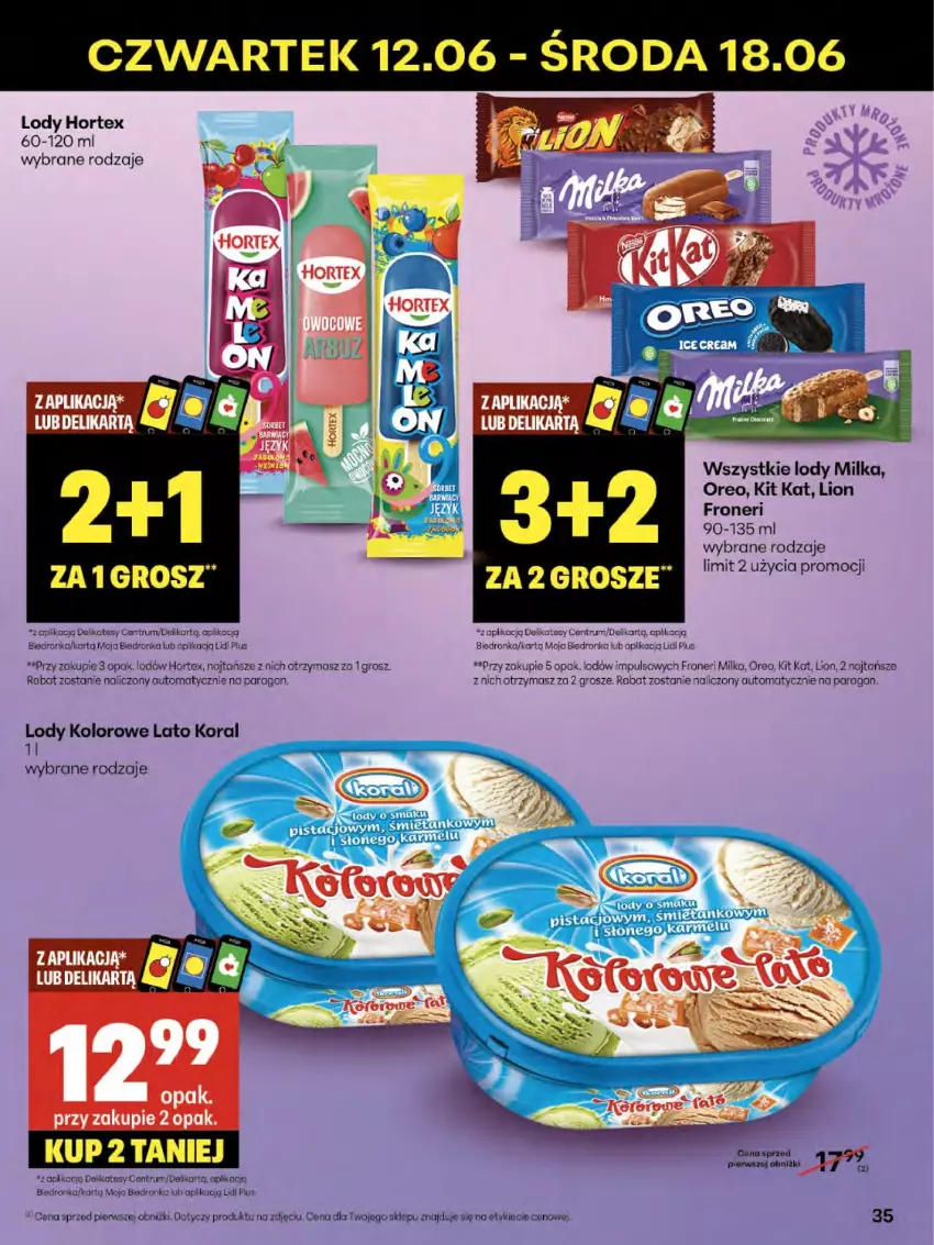 Gazetka promocyjna Delikatesy Centrum - Franczyza DC24 Czwartek - ważna 12.06 do 18.06.2025 - strona 35 - produkty: Dron, Hortex, Kit Kat, Lion, Lody, Milka, Oreo, Rum