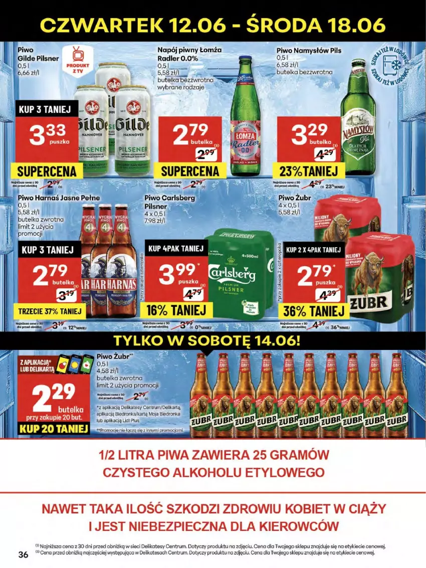 Gazetka promocyjna Delikatesy Centrum - Franczyza DC24 Czwartek - ważna 12.06 do 18.06.2025 - strona 36 - produkty: Carlsberg, Dron, Fa, Harnaś, Namysłów, Napój, Piwo, Radler, Rum