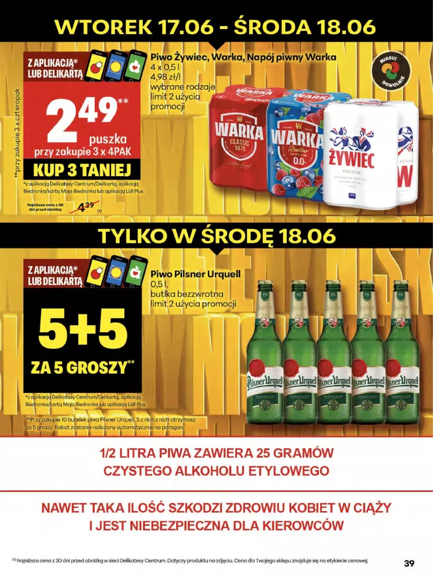 Gazetka promocyjna Delikatesy Centrum - Franczyza DC24 Czwartek - ważna 12.06 do 18.06.2025 - strona 39 - produkty: Dron, Napój, Pilsner Urquell, Piwa, Piwo, Rum, Ser, Warka