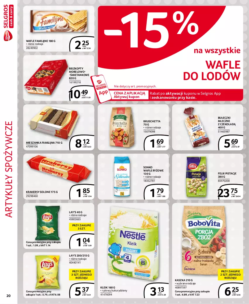 Gazetka promocyjna Selgros - Extra Oferta - ważna 01.07 do 31.07.2021 - strona 20 - produkty: Artykuły spożywcze, Biszkopty, Bułeczki, Bułeczki mleczne, Fa, Felix, Krakersy, Lay’s, LG, Pistacje, Ryż, Sonko, Wafle, Wafle do lodów