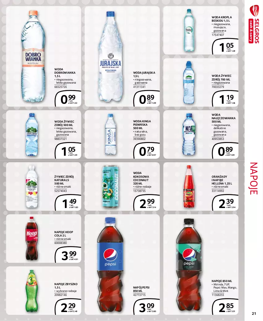 Gazetka promocyjna Selgros - Extra Oferta - ważna 01.07 do 31.07.2021 - strona 21 - produkty: 7up, Dobrowianka, Hellena, Hoop, Kokos, Mango, Mirinda, Mus, Nałęczowianka, Napój, Napoje, Pepsi, Woda