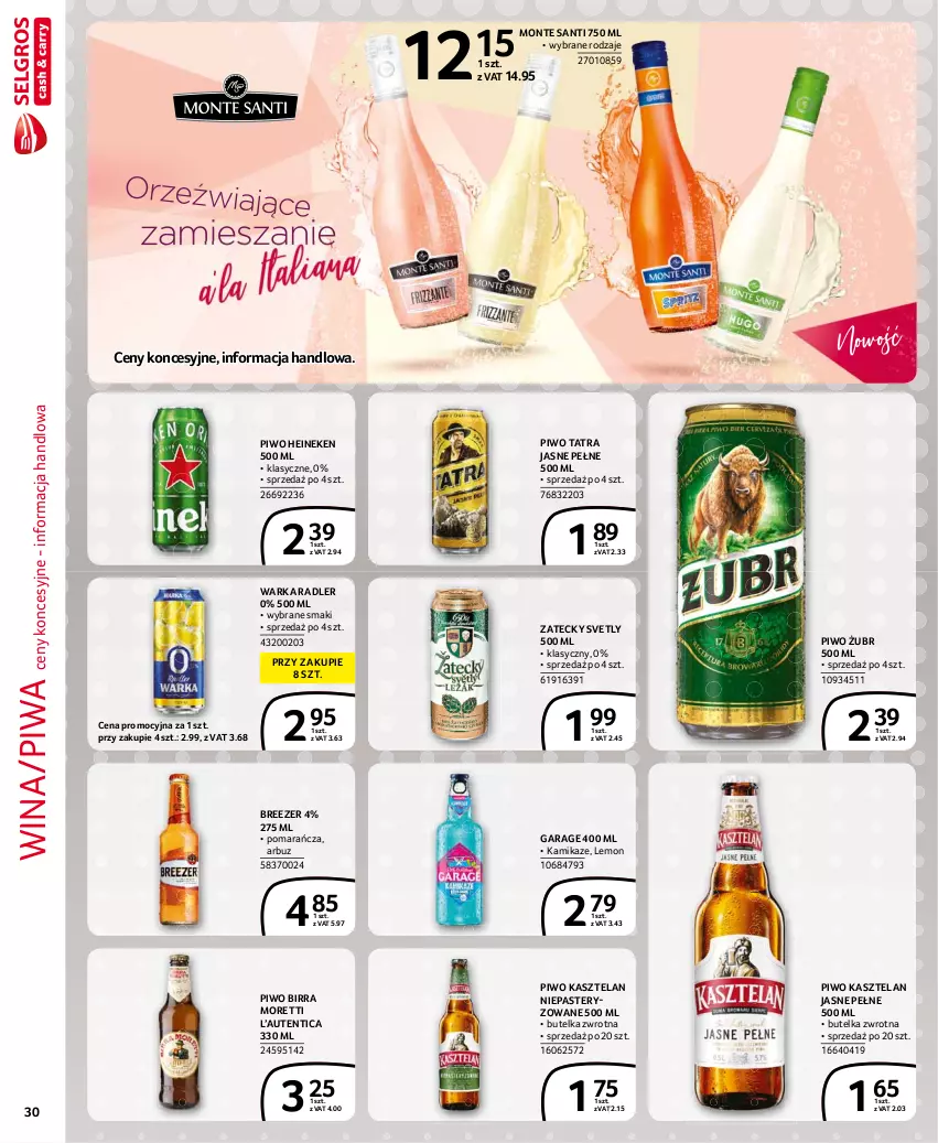 Gazetka promocyjna Selgros - Extra Oferta - ważna 01.07 do 31.07.2021 - strona 30 - produkty: Arbuz, Heineken, Kasztelan, Monte, Monte Santi, Piwa, Piwo, Radler, Tatra, Warka