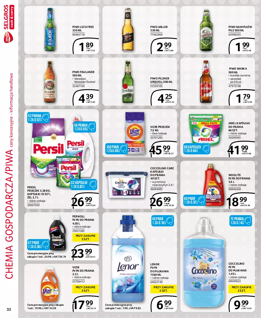 Gazetka promocyjna Selgros - Extra Oferta - ważna 01.07 do 31.07.2021 - strona 32 - produkty: Ariel, Coccolino, Kapsułki do prania, Lenor, Namysłów, Persil, Perwoll, Pilsner Urquell, Piwa, Piwo, Płyn do płukania, Płyn do prania, Vizir, Warka, Woolite