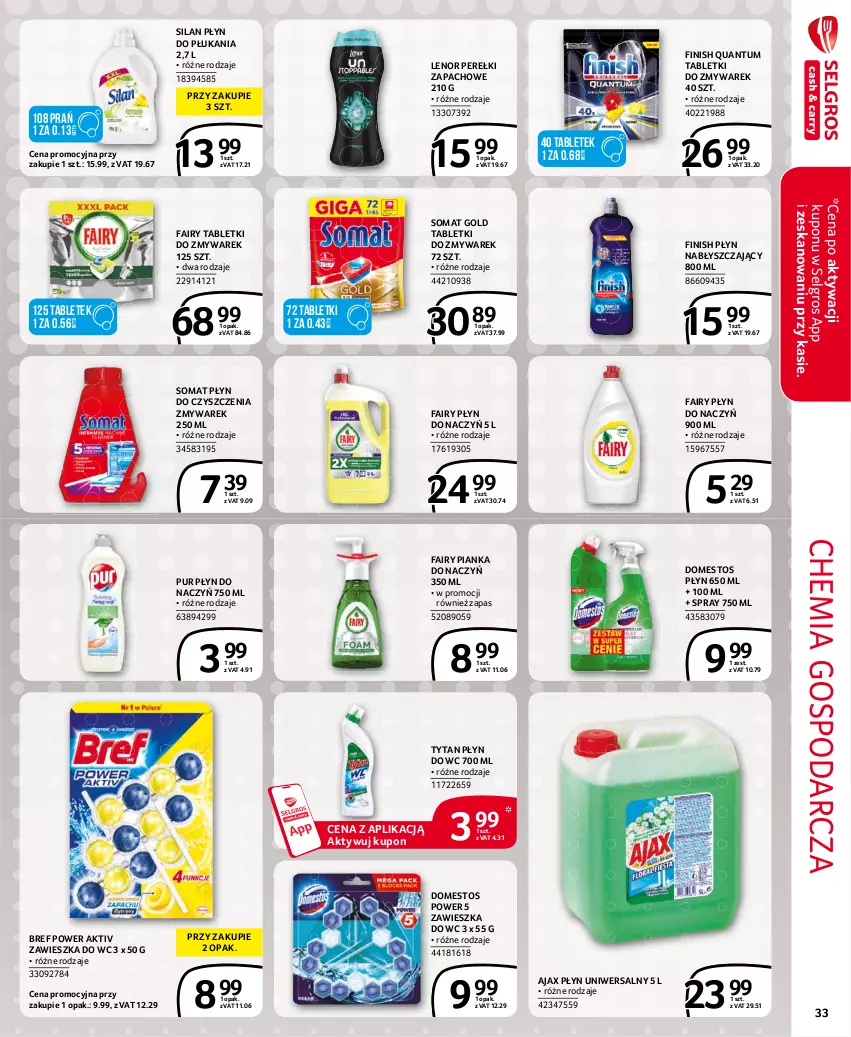 Gazetka promocyjna Selgros - Extra Oferta - ważna 01.07 do 31.07.2021 - strona 33 - produkty: Ajax, Bref, Domestos, Fa, Fairy, Finish, Lenor, LG, Perełki zapachowe, Płyn do płukania, Płyn do wc, Płyn nabłyszczający, Pur, Silan, Somat, Somat gold, Tablet, Tytan, Zawieszka do wc