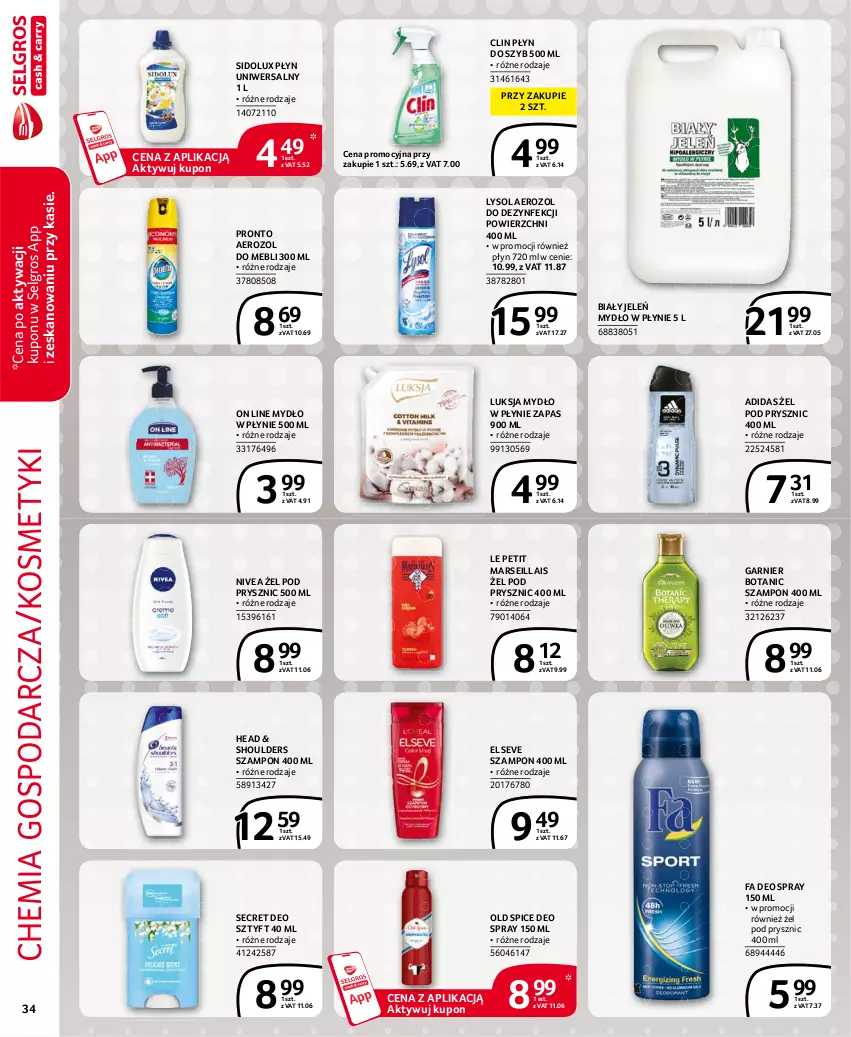 Gazetka promocyjna Selgros - Extra Oferta - ważna 01.07 do 31.07.2021 - strona 34 - produkty: Adidas, Biały Jeleń, Clin, Elseve, Fa, Garnier, LG, Luksja, Lysol, Mars, Mydło, Mydło w płynie, Nivea, Old Spice, Płyn do szyb, Pronto, Secret Deo, Sidolux, Szampon