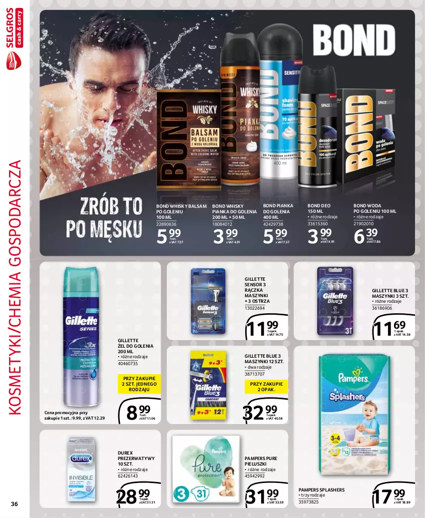 Gazetka promocyjna Selgros - Extra Oferta - ważna 01.07 do 31.07.2021 - strona 36 - produkty: Balsam po goleniu, Durex, Gillette, Pampers, Pianka do golenia, Prezerwatyw, Pur, Whisky, Woda, Woda po goleniu