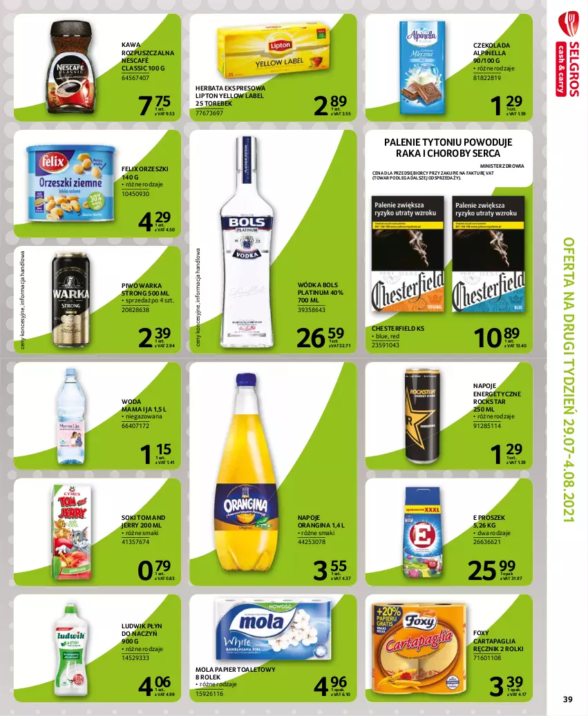 Gazetka promocyjna Selgros - Extra Oferta - ważna 01.07 do 31.07.2021 - strona 39 - produkty: Bols, Czekolada, Fa, Felix, Foxy, Gin, Herbata, Kawa, Kawa rozpuszczalna, Lipton, Ludwik, Mola, Napoje, Nescafé, Orzeszki, Papier, Papier toaletowy, Piwo, Ręcznik, Rolki, Ser, Sok, Warka, Woda, Wódka