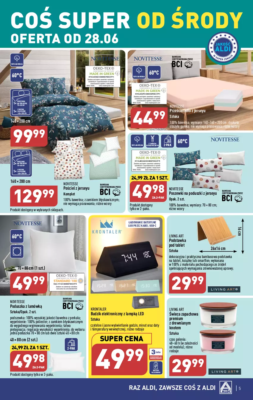 Gazetka promocyjna Aldi - COŚ do domu i nie tylko - ważna 28.06 do 01.07.2023 - strona 5 - produkty: Bateria, Budzik, Kabel USB, Poduszka, Pościel, Poszewka, Prześcieradło, Smartfon, Sok, Tablet, Wełna