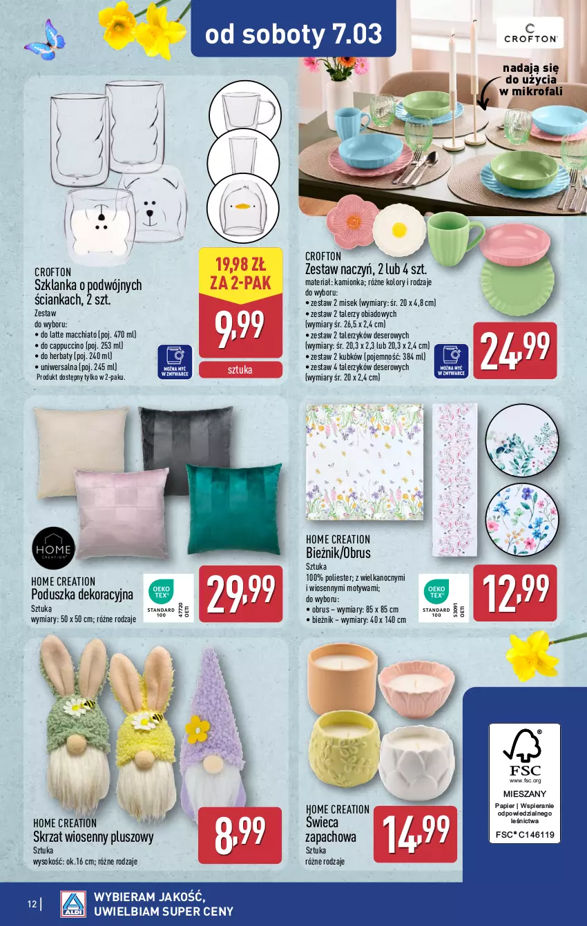 Gazetka promocyjna Aldi - Artykuły przemysłowe i tekstylia - ważna 04.03 do 07.03.2026 - strona 12 - produkty: Bieżnik, Cappuccino, Chia, Deser, Fa, Obrus, Papier, Poduszka, Poduszka dekoracyjna, Ser, Skrzat, Sok, Szklanka, Talerz, Talerzyk