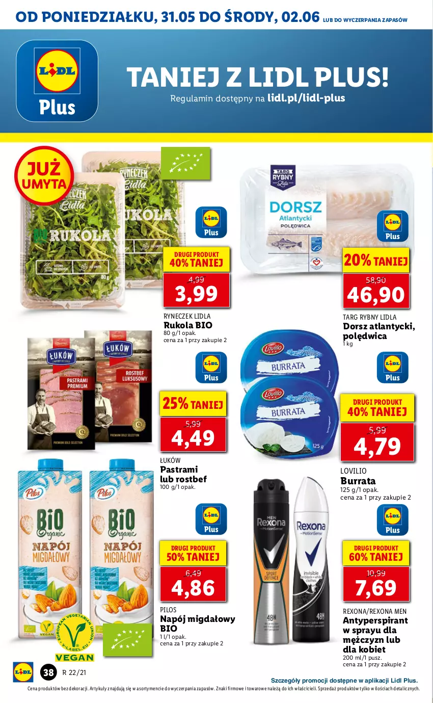 Gazetka promocyjna Lidl - GAZETKA - ważna 31.05 do 02.06.2021 - strona 38 - produkty: Antyperspirant, Burrata, Dorsz, Gra, Lovi, Napój, Pilos, Polędwica, Rama, Rexona, Rostbef, Rukola