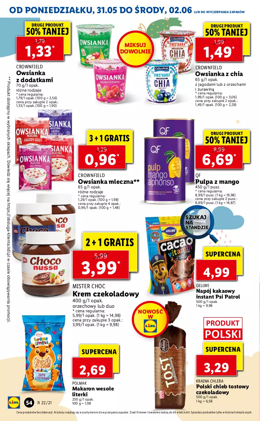 Gazetka promocyjna Lidl - GAZETKA - ważna 31.05 do 02.06.2021 - strona 54 - produkty: Chia, Chleb, Chleb tostowy, Gra, Kakao, Makaron, Mango, Napój, Olma, Owsianka, Psi Patrol