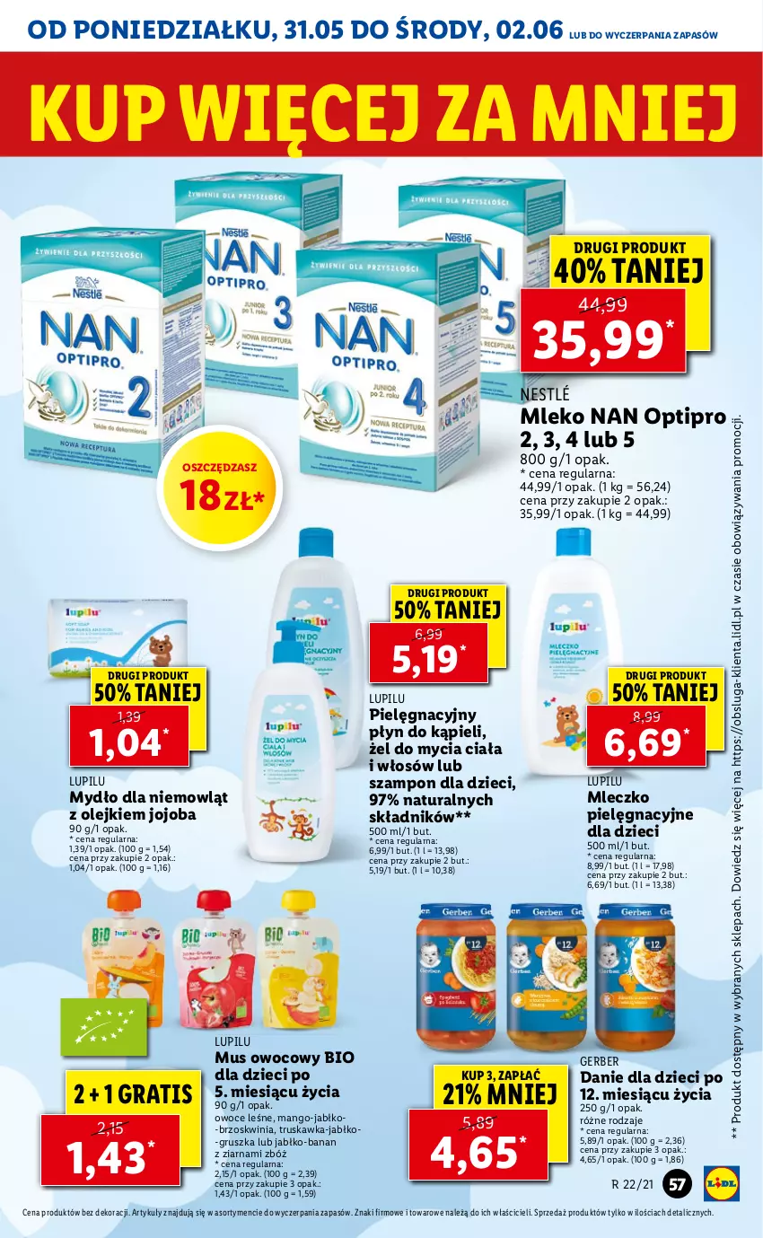 Gazetka promocyjna Lidl - GAZETKA - ważna 31.05 do 02.06.2021 - strona 57 - produkty: Danie dla dzieci, Dzieci, Gerber, Gra, Mango, Mleczko, Mleko, Mus, Mydło, NAN Optipro, Nestlé, Olej, Owoce, Płyn do kąpieli, Szampon