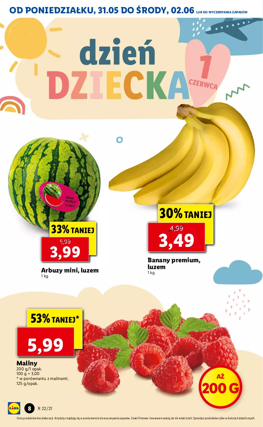 Gazetka promocyjna Lidl - GAZETKA - ważna 31.05 do 02.06.2021 - strona 8 - produkty: Arbuz, Banany, Maliny, Por