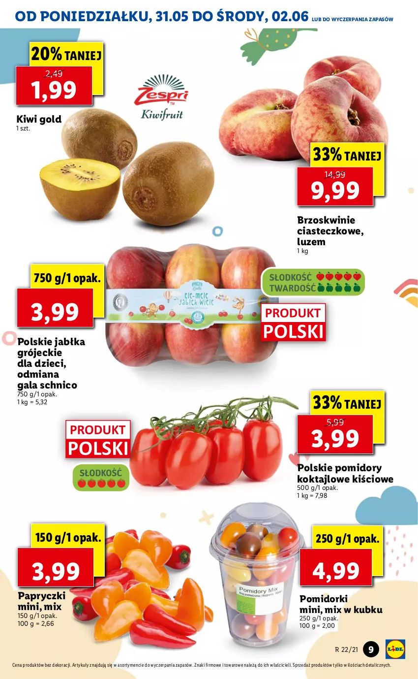 Gazetka promocyjna Lidl - GAZETKA - ważna 31.05 do 02.06.2021 - strona 9 - produkty: Brzoskwinie, Dzieci, Gala, Jabłka, Kiwi, Pomidorki, Pomidory