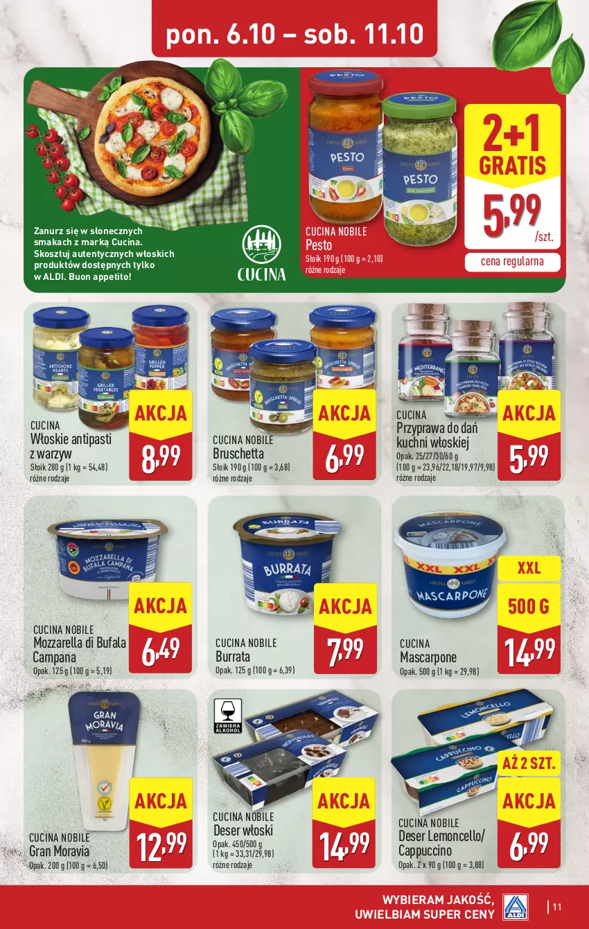 Gazetka promocyjna Aldi - Pełna oferta - ważna 06.10 do 11.10.2025 - strona 11 - produkty: Burrata, Cappuccino, Deser, Fa, Gra, Kosz, Mascarpone, Mozzarella, Pesto, Ser
