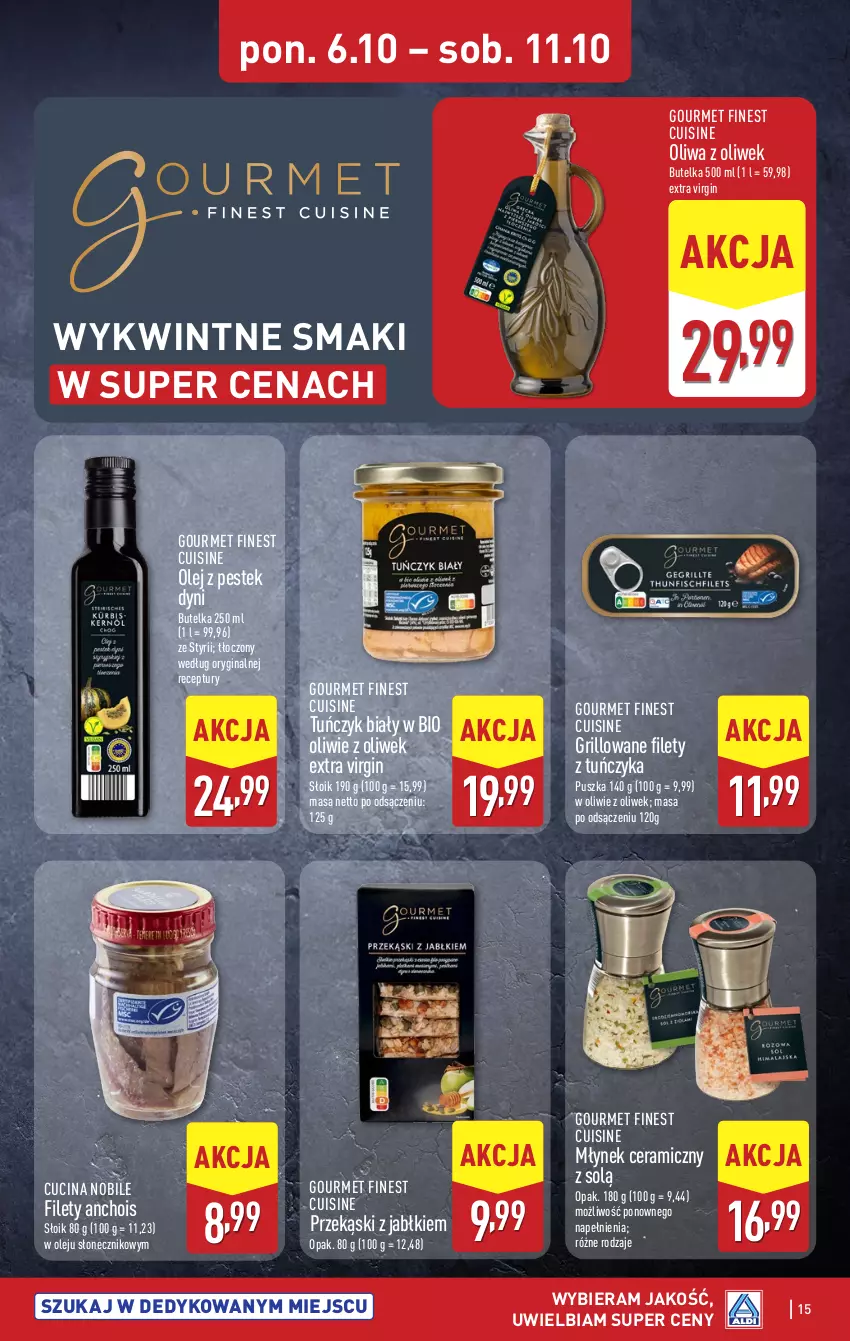 Gazetka promocyjna Aldi - Pełna oferta - ważna 06.10 do 11.10.2025 - strona 15 - produkty: Gin, Grill, Młynek, Olej, Oliwa z oliwek, Stek, Tuńczyk