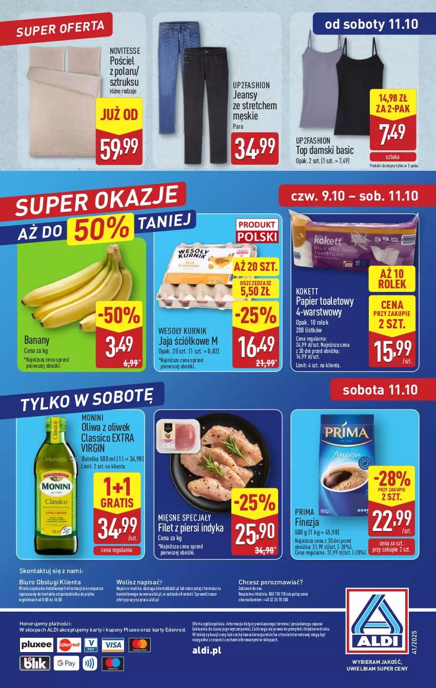 Gazetka promocyjna Aldi - Pełna oferta - ważna 06.10 do 11.10.2025 - strona 40 - produkty: Banany, Biuro, Fa, Filet z piersi indyka, Gin, Gra, Jaja, Mięsne specjały, Monini, O nas, Oliwa z oliwek, Papier, Papier toaletowy, Por, Pościel, Prima, Top