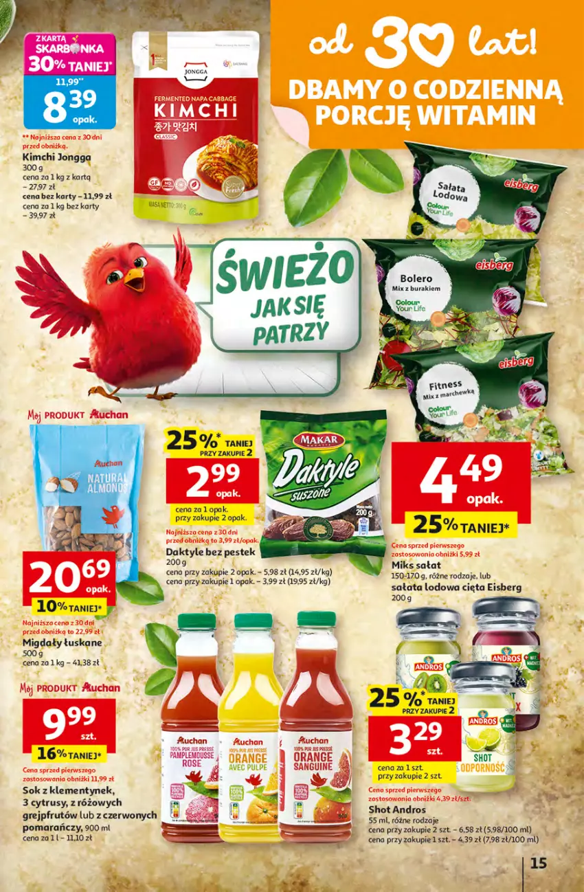 Gazetka promocyjna Auchan - Gazetka 30 Lat Hipermarket Auchan - ważna 16.04 do 22.04.2026 - strona 15 - produkty: Daktyle, Grejpfrut, Migdały, Pur, Sałat, Sałata lodowa, Sok, Stek, Tran