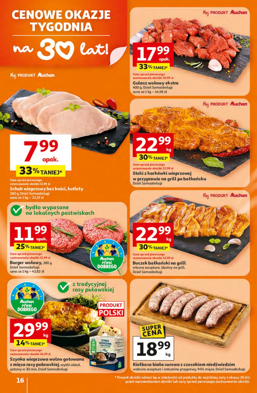 Gazetka promocyjna Auchan - Gazetka 30 Lat Hipermarket Auchan - ważna 16.04 do 22.04.2026 - strona 16 - produkty: Boczek, Burger, Grill, Gulasz wołowy, Przyprawy, Stek, Szynka, Szynka wieprzowa