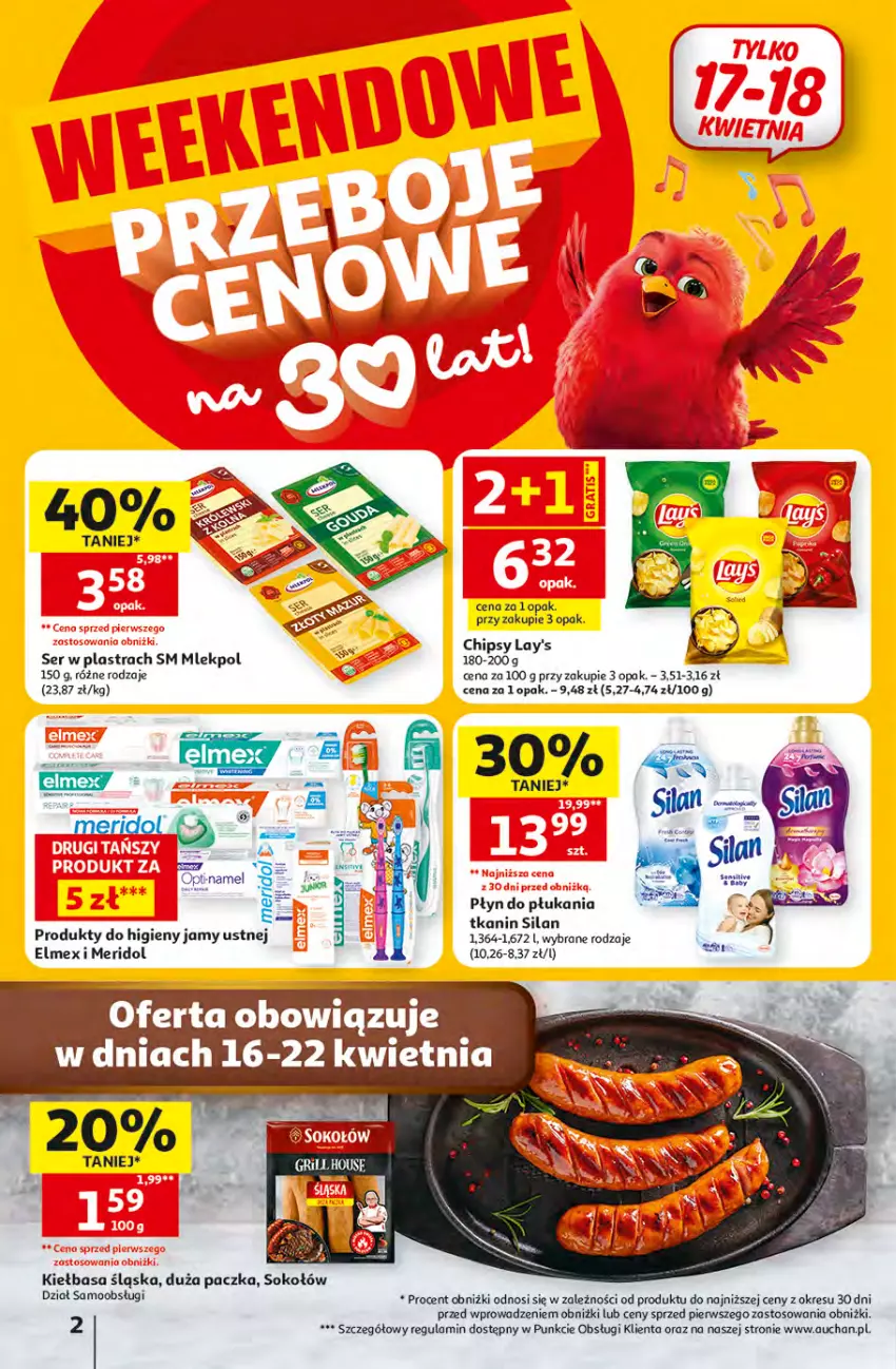 Gazetka promocyjna Auchan - Gazetka 30 Lat Hipermarket Auchan - ważna 16.04 do 22.04.2026 - strona 2 - produkty: Chipsy, Elmex, Kiełbasa, Kiełbasa śląska, Płyn do płukania, Ser, Silan, Sok, Sokołów, Woda