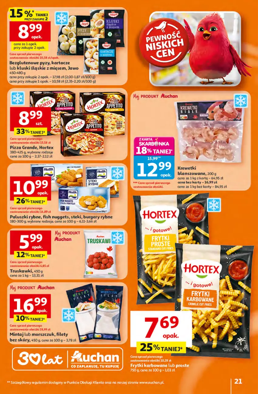 Gazetka promocyjna Auchan - Gazetka 30 Lat Hipermarket Auchan - ważna 16.04 do 22.04.2026 - strona 21 - produkty: Burger, Gra, Hortex, Krewetki, Mintaj, Mus, Pizza, Stek, Truskawki