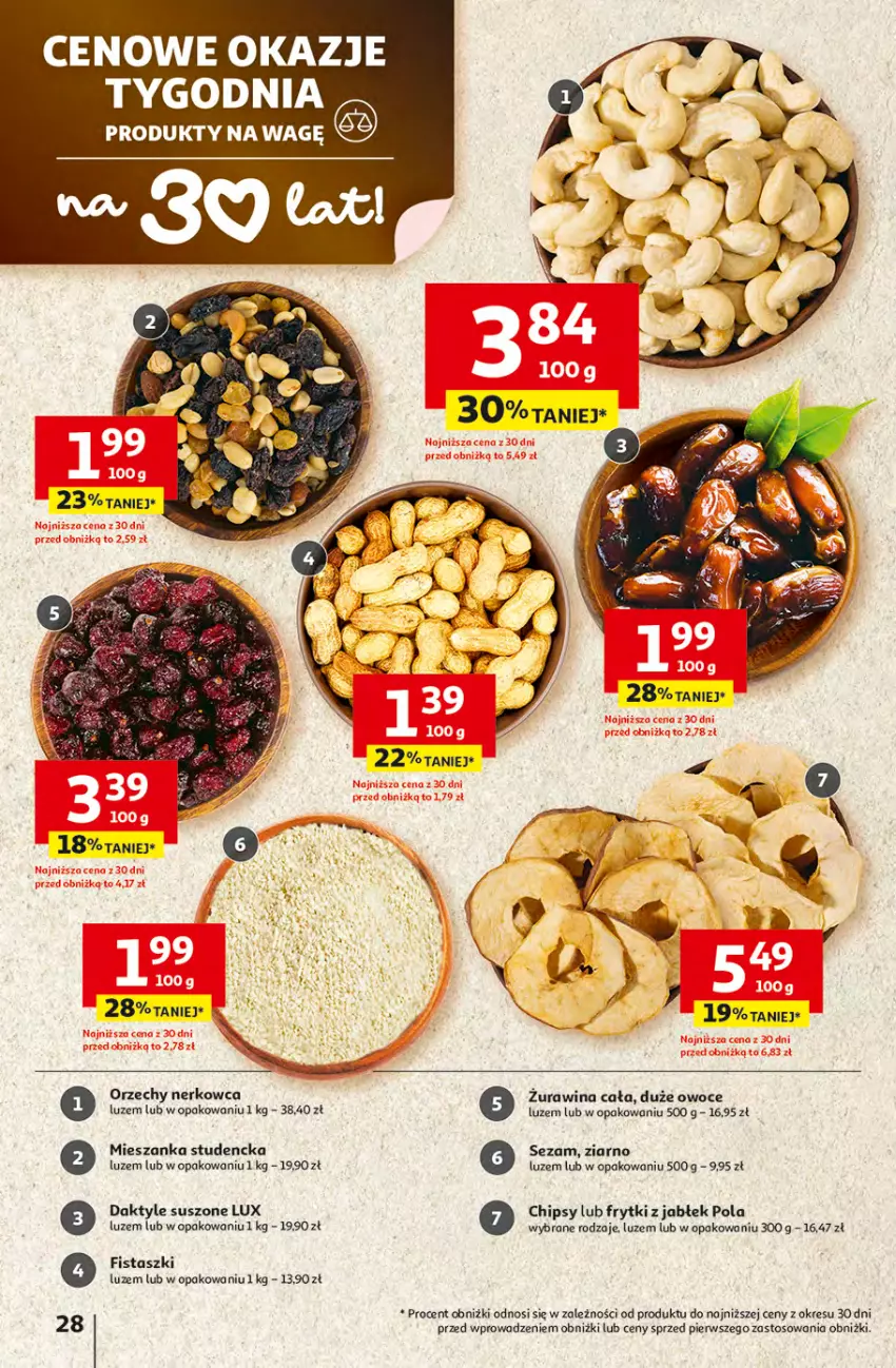 Gazetka promocyjna Auchan - Gazetka 30 Lat Hipermarket Auchan - ważna 16.04 do 22.04.2026 - strona 28 - produkty: Chipsy, Daktyle, Frytki, Mieszanka studencka, Owoce, Sezam