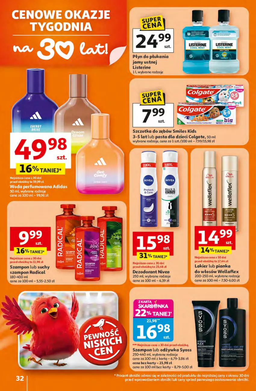 Gazetka promocyjna Auchan - Gazetka 30 Lat Hipermarket Auchan - ważna 16.04 do 22.04.2026 - strona 32 - produkty: Colgate, Dezodorant, Dzieci, Lakier, LG, Listerine, Nivea, Odżywka, Płyn do płukania, Płyn do płukania jamy ustnej, Syoss, Szampon, Szczotka, Wella, Wellaflex