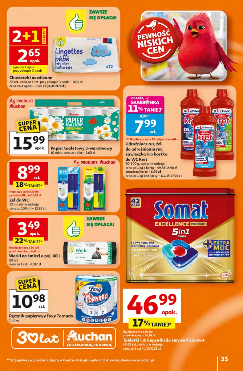 Gazetka promocyjna Auchan - Gazetka 30 Lat Hipermarket Auchan - ważna 16.04 do 22.04.2026 - strona 35 - produkty: Chusteczki, Foxy, Kostka do wc, Kret, Papier, Papier toaletowy, Somat