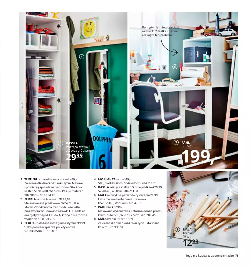 Gazetka promocyjna Ikea - Ikea 2021 - ważna 01.01 do 31.12.2021 - strona 71 - produkty: Biurko, Dzieci, Lakier, Lampa, Lampa ścienna, Lustro, Materac, Papier, Pościel, Rama, Rama łóżka, Sos, Szafka, Tera