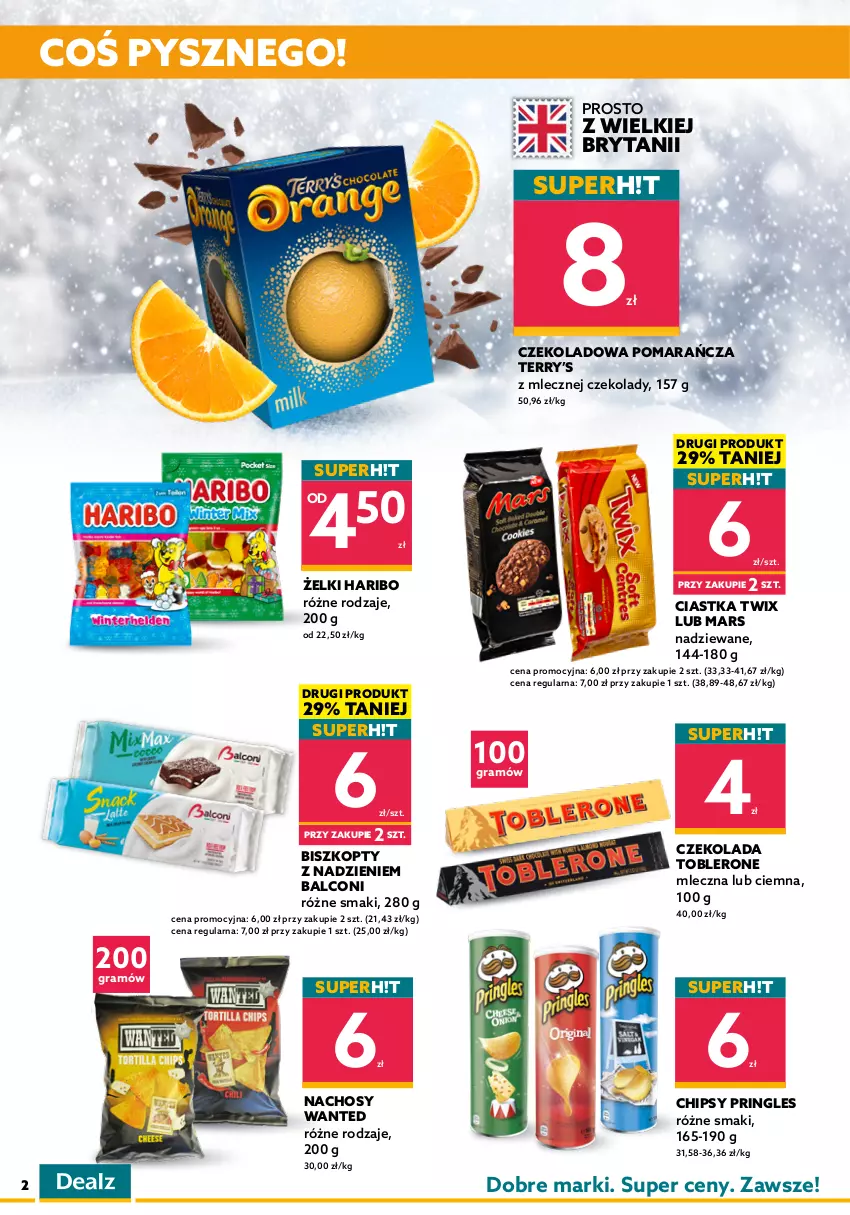 Gazetka promocyjna Dealz - Gazetka na otwarcie - Andrychów - ważna 25.11 do 09.12.2021 - strona 2 - produkty: Alcon, Artykuły spożywcze, Biszkopty, Chipsy, Ciastka, Coca-Cola, Czekolada, Gra, Haribo, HiPP, Kawa, Kawa ziarnista, Kinder, Mars, Napój, Napój gazowany, Pringles, Toblerone, Toffifee, Twix