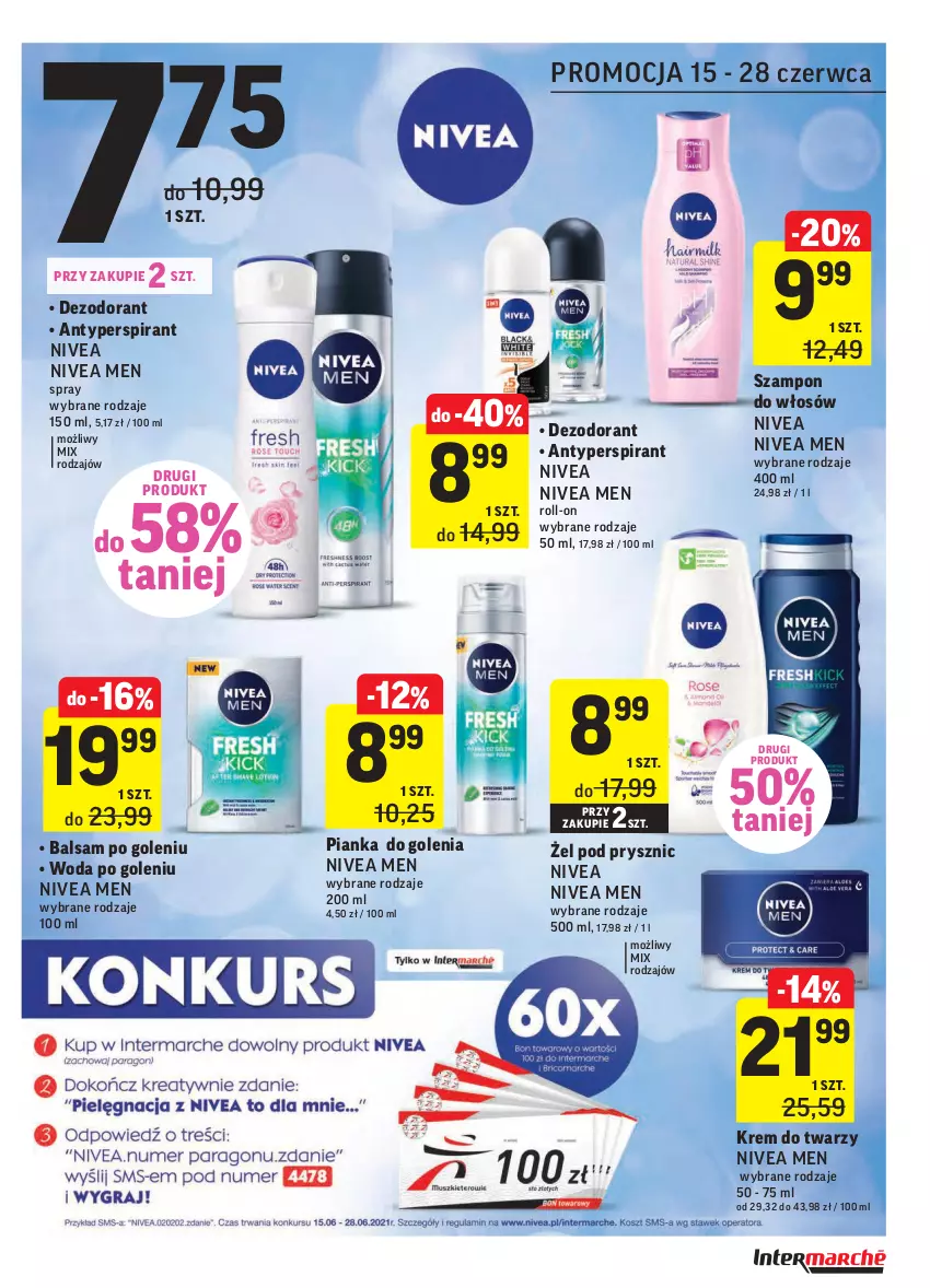 Gazetka promocyjna Intermarche - Zwyciężamy - ważna 15.06 do 21.06.2021 - strona 39 - produkty: Antyperspirant, Balsam po goleniu, Dezodorant, Krem do twarzy, Nivea, Nivea Men, Pianka do golenia, Szampon, Woda, Woda po goleniu