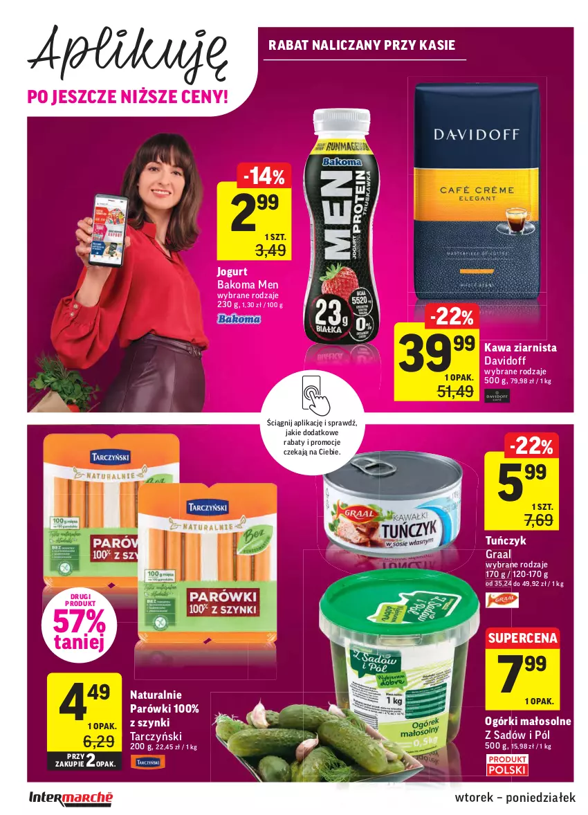 Gazetka promocyjna Intermarche - Zwyciężamy - ważna 15.06 do 21.06.2021 - strona 42 - produkty: Bakoma, Davidoff, Gra, Graal, Jogurt, Kawa, Kawa ziarnista, Parówki, Tarczyński, Tuńczyk