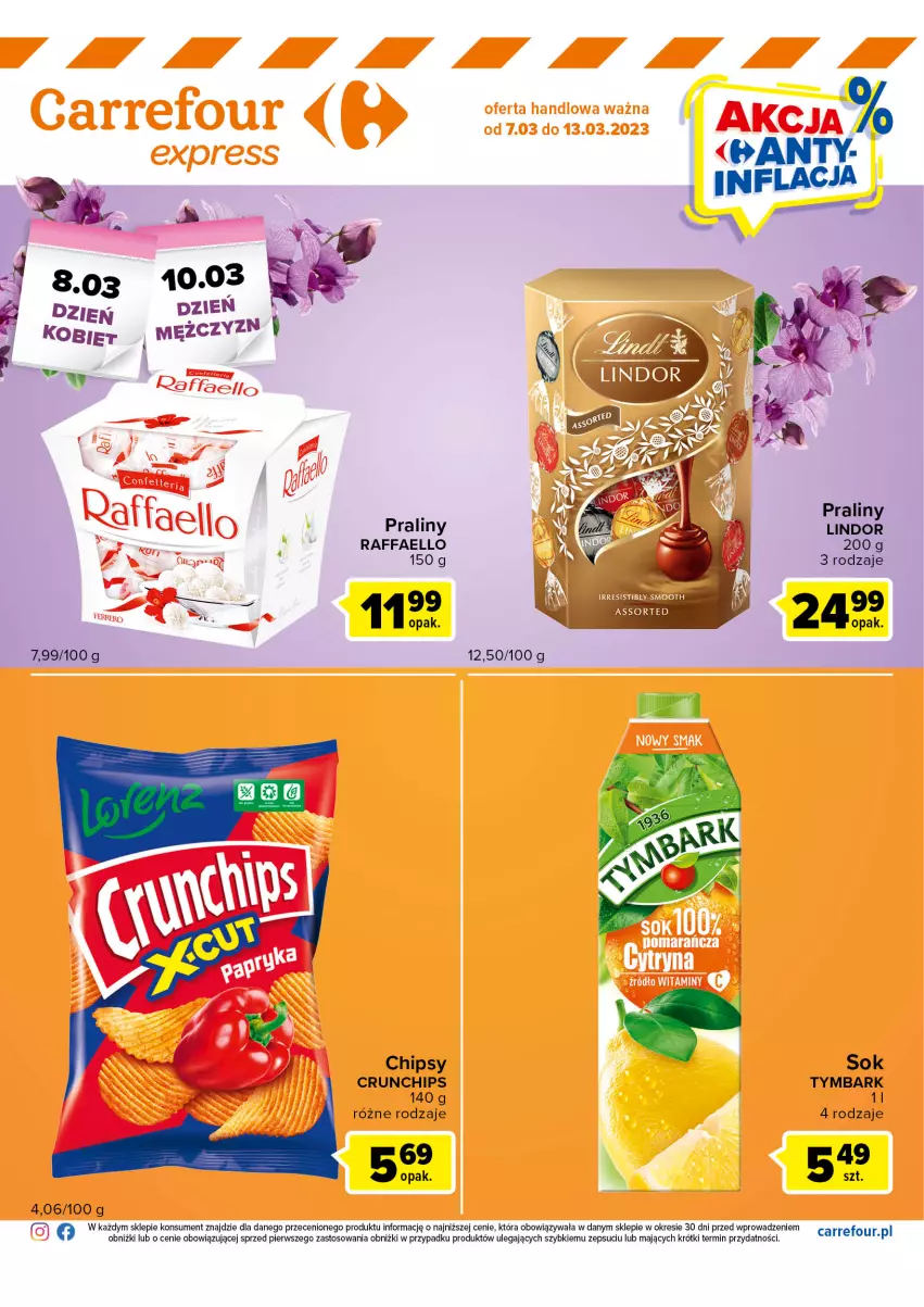 Gazetka promocyjna Carrefour - Gazetka Express - ważna 07.03 do 13.03.2023 - strona 2 - produkty: Chipsy, Crunchips, Fa, Lindor, Praliny, Raffaello, Sok, Tymbark